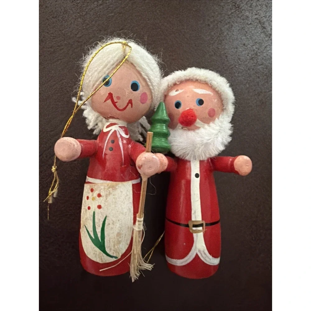 Vintage Mr and Mrs Santa Claus Wood Ornaments Christmas Tree Glasses Tree Felt H